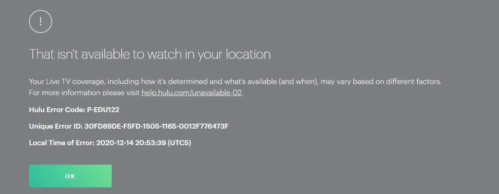 That isn't available to watch in your location. Hulu Error Code P-EDU-122